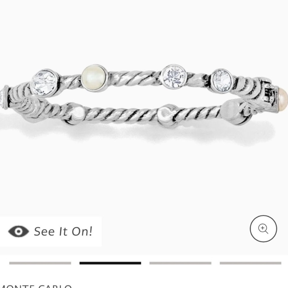 BRIGHTON Silver Hinged Bangle with Clear Swarovski Stones & White Pearls